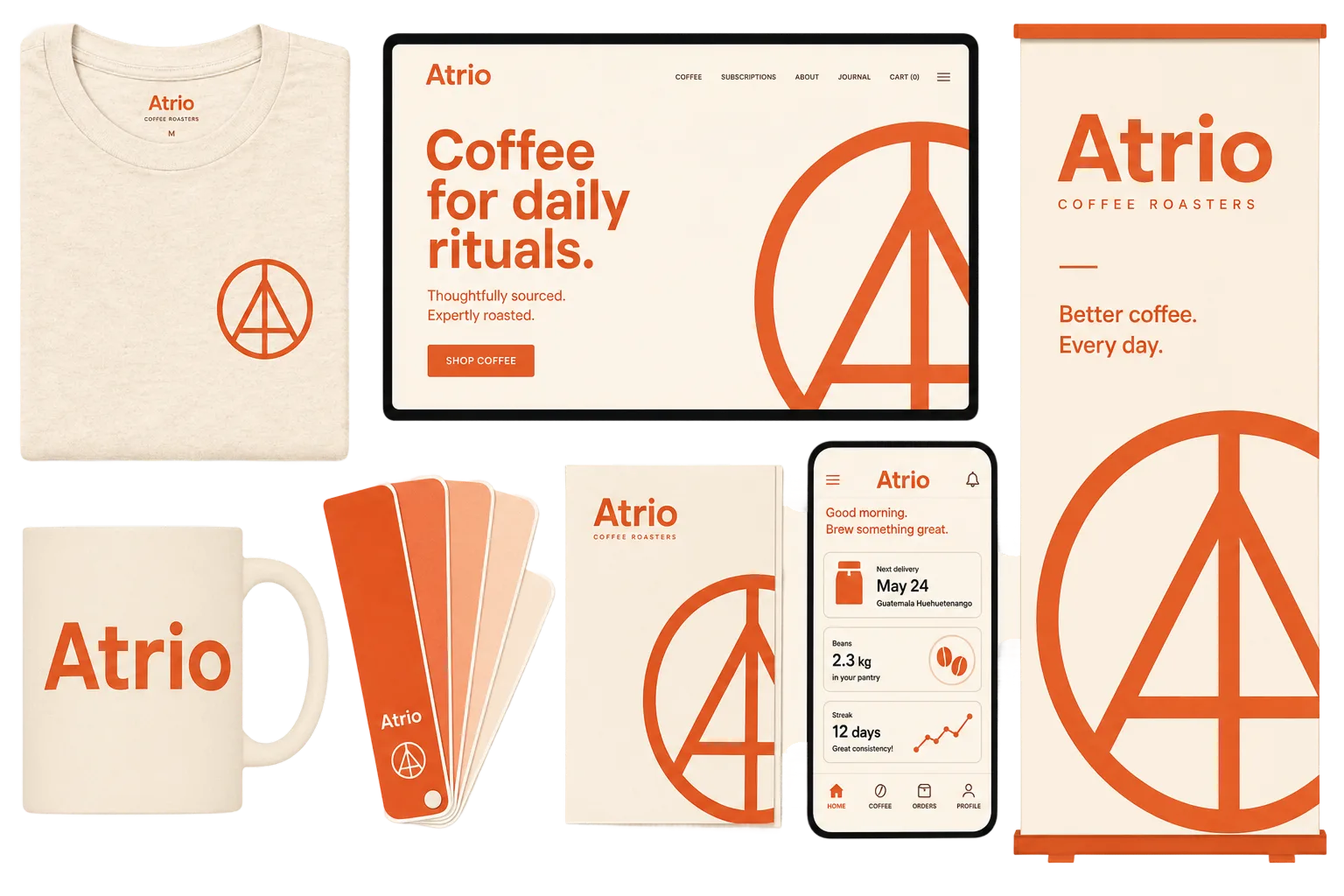 A complete brand identity applied across a t-shirt, ceramic mug, laptop with the brand's website, phone with the app, and a rollup banner ad